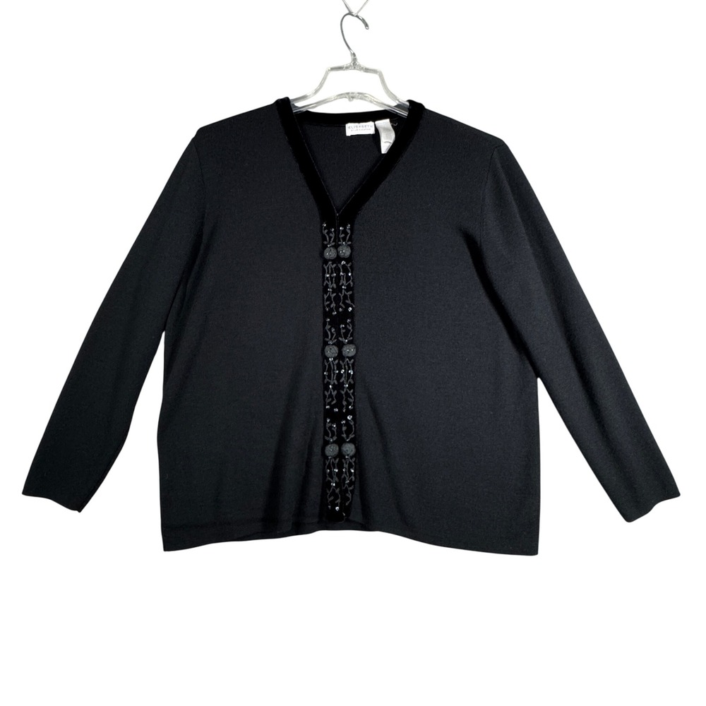 Elisabeth by Liz Claiborne Womens 1X Black Cardigan‎ Velvet Trim Embellished